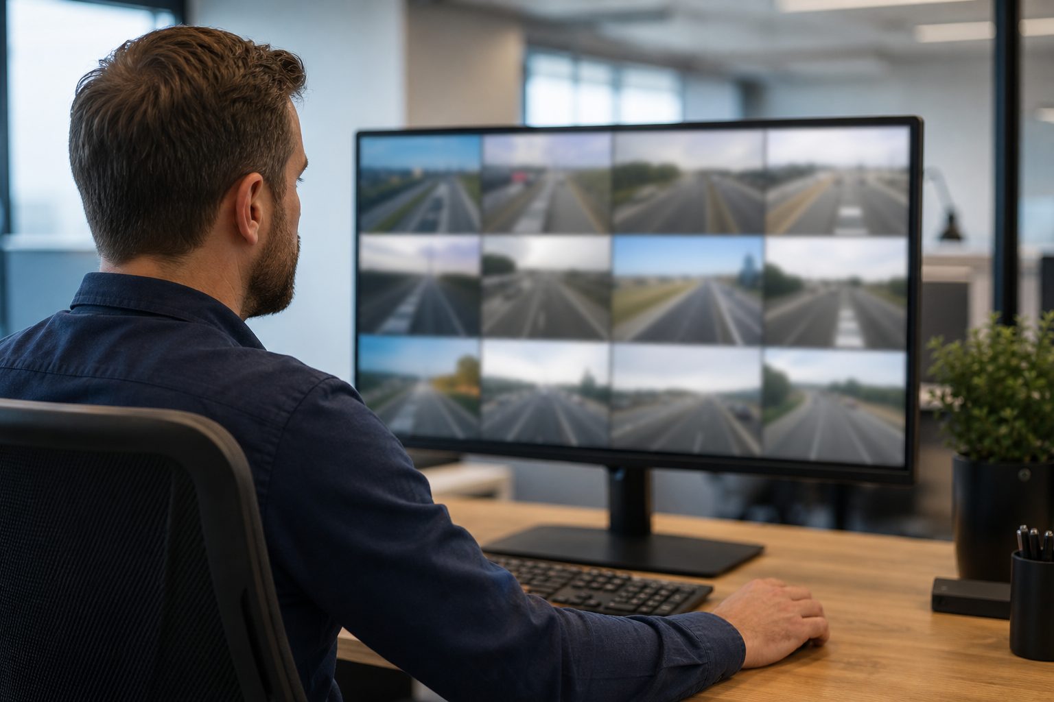 Fleet manager reviewing remote vehicle footage on a monitor