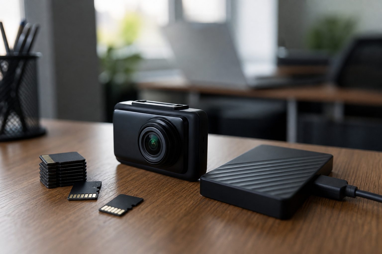 SD cards and dashcam on a fleet office desk
