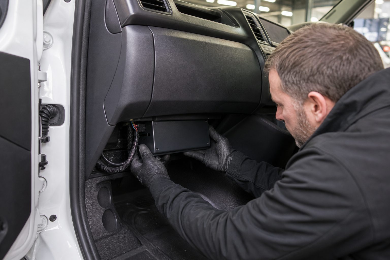 Technician installing an MDVR under a van dashboard