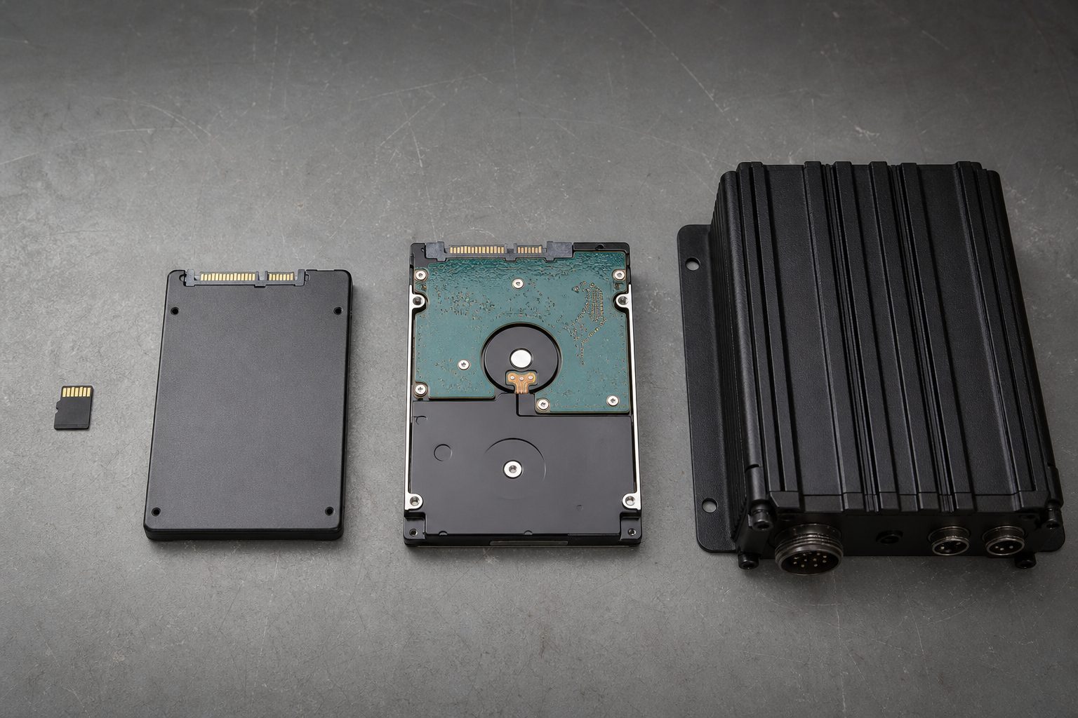 SD card, SSD and hard drive beside a mobile DVR unit