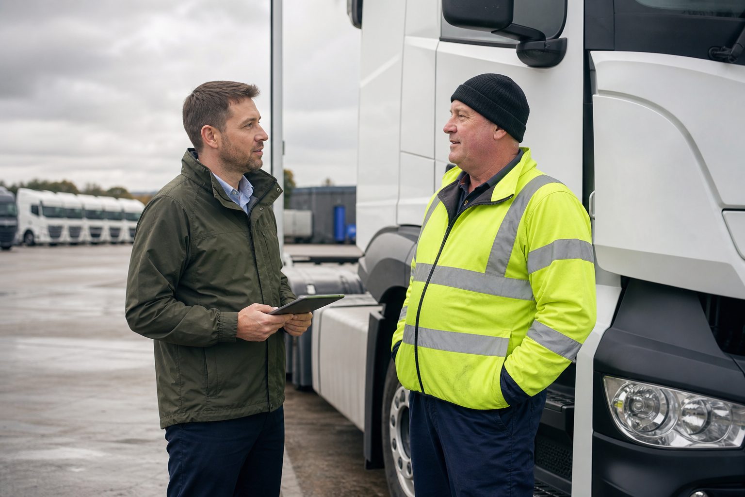 Fleet manager and driver talking beside a lorry in a depot