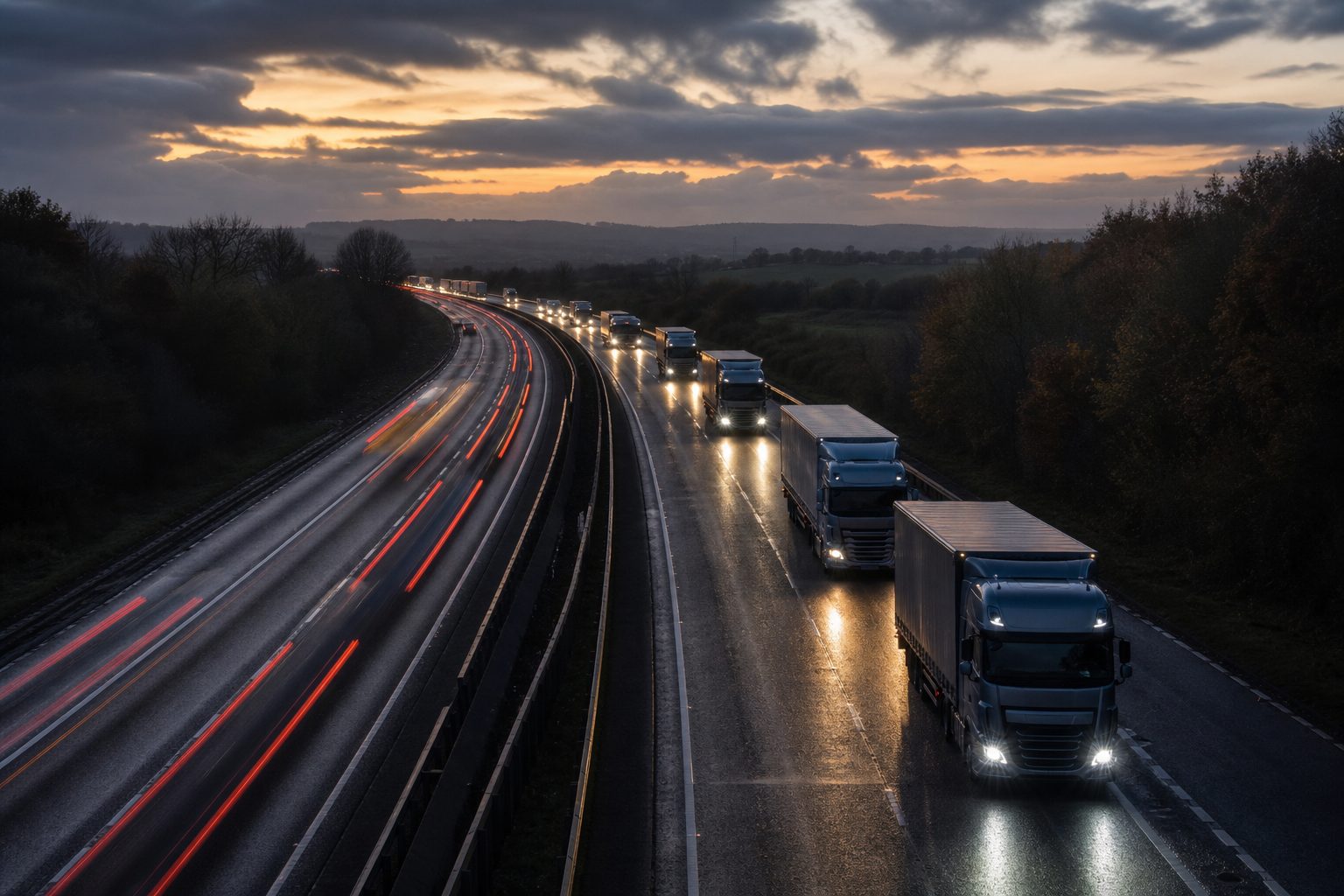 HGV lorries on a UK motorway at dusk